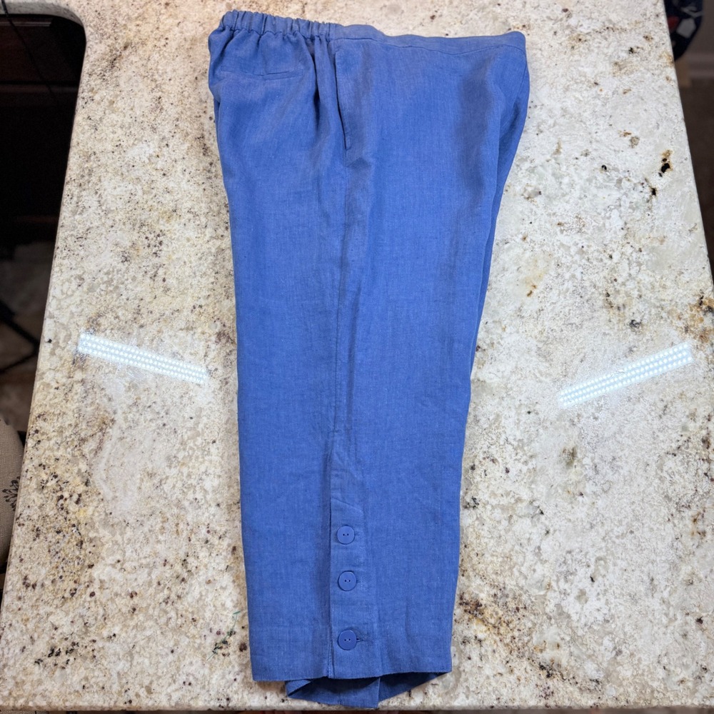 Chico's Linen Crop Pants Womens US 20 Blue Wide Leg Pull On Button Hem Plus - Picture 9 of 16